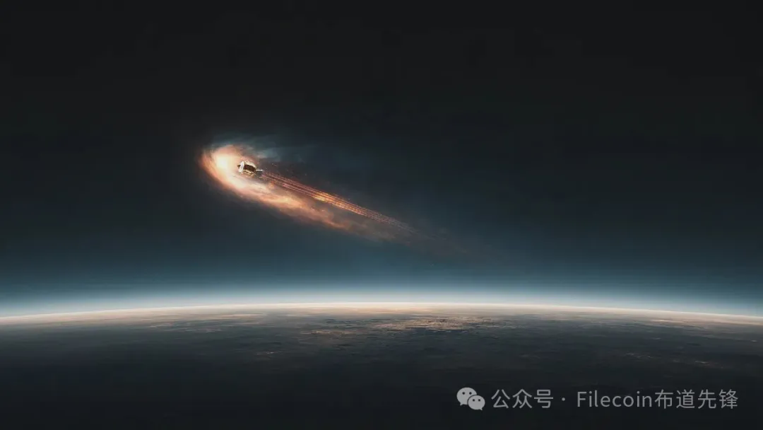 A spacecraft trailing light streaks above the curve of a planet at dawn